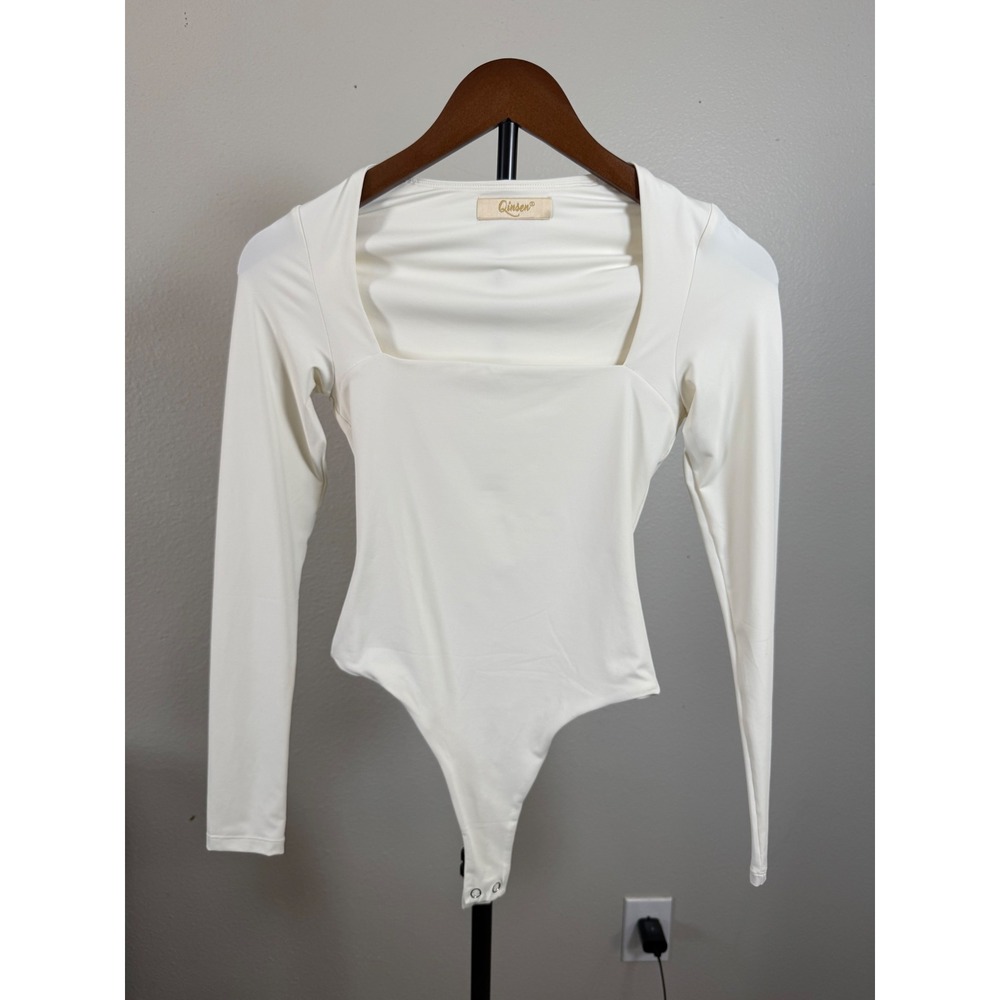 Qinsen Womens Square Neck Long Sleeve Bodysuit Cream White XS Stretch Thong Snap